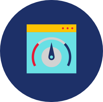 Browser window with gauge inside navy blue circle