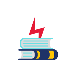 Red lightning symbol above stacked books
