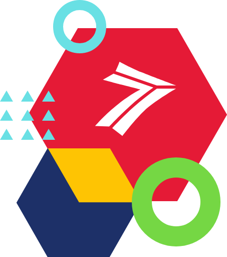 White attain abbreviated logo on red hexagon with various multicolored shapes overlapping it