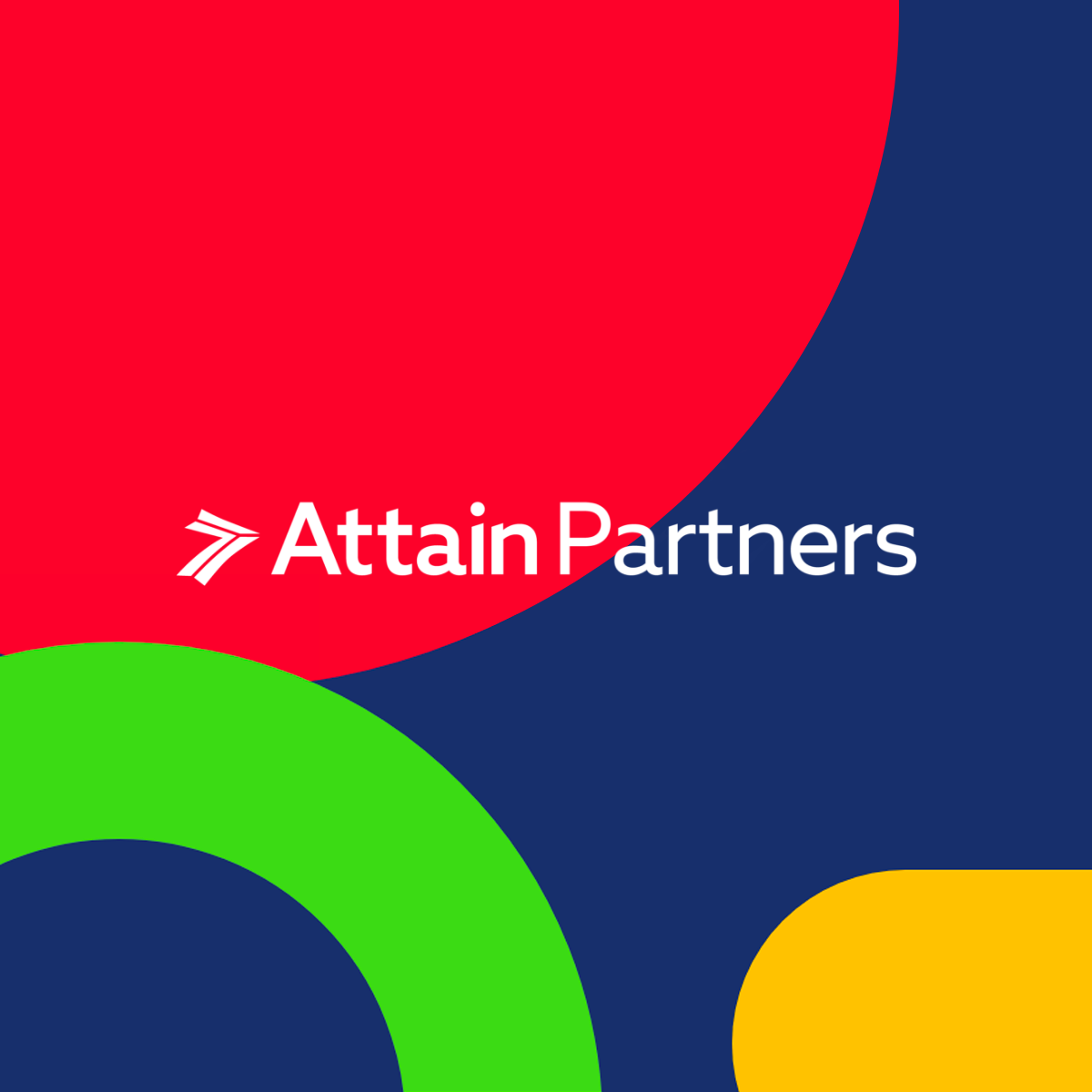 White Attain Partners logo with multi-colored shapes background