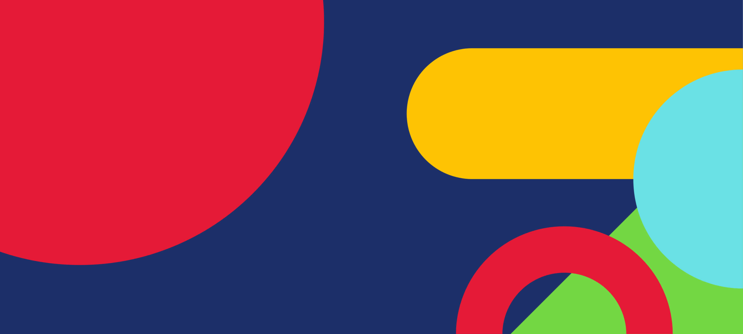 Red, green, yellow, and blue shapes on navy blue background
