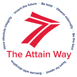 Abbreviated Attain logo in the middle of circling text