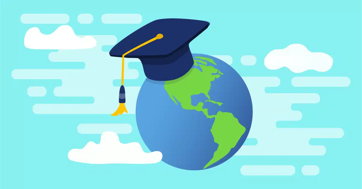 Illustration of world globe wearing a graduation cap