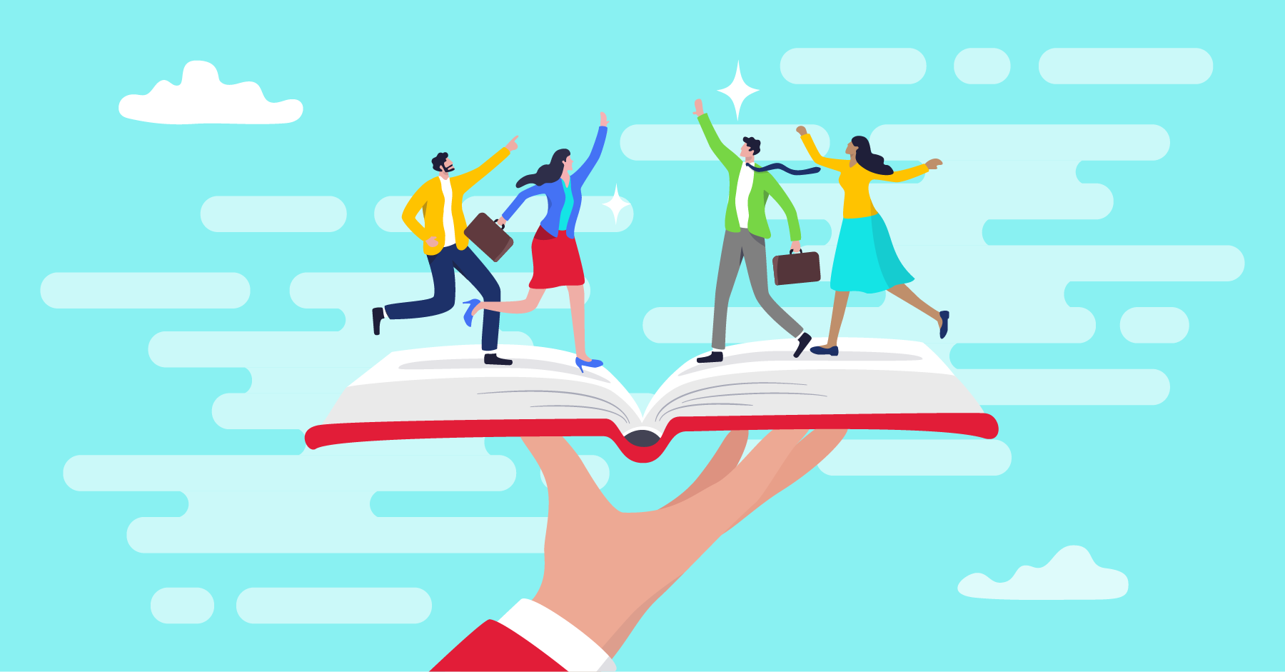 Illustration of business people standing on open book