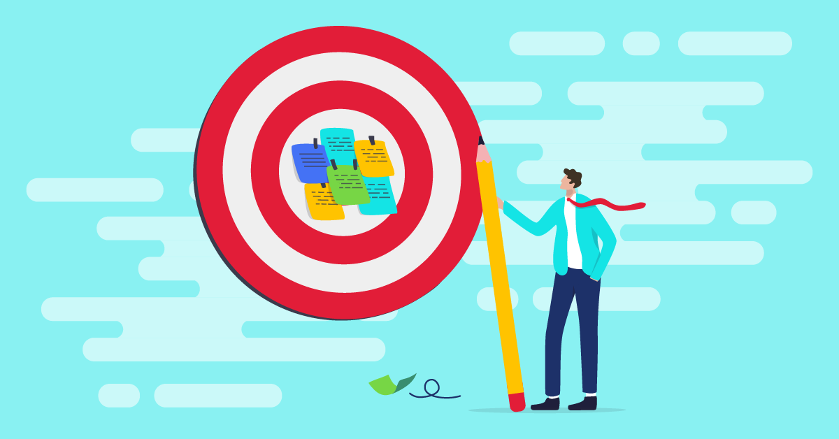 Illustration of buisness man holding a large pencil, using post-it notes on a bullseye.