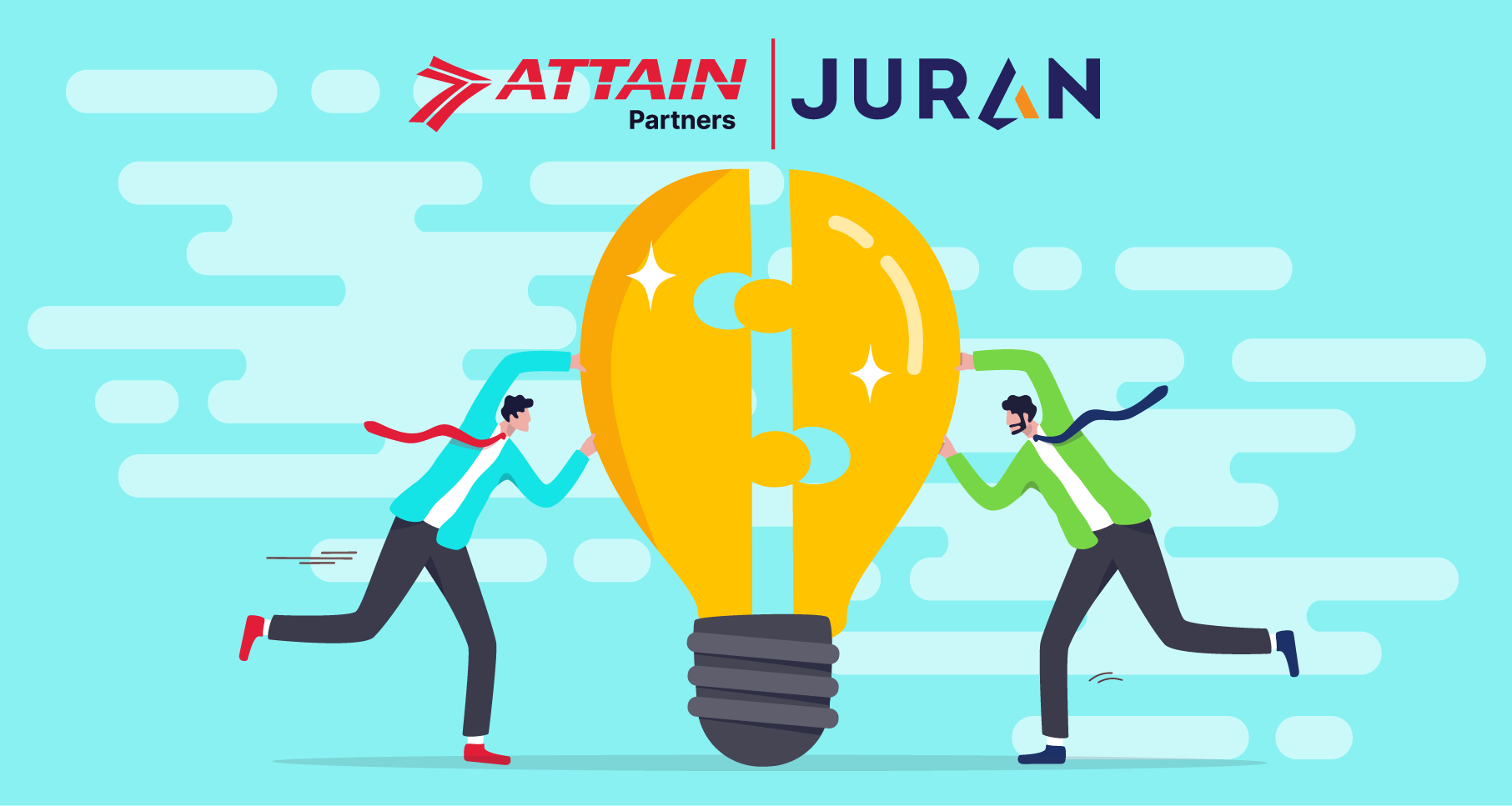Two people joining large light bulb puzzle pieces with Attain Partners and Juran logos above
