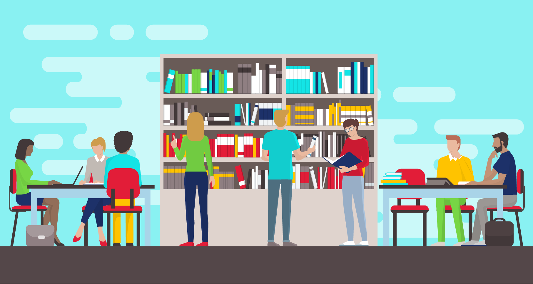 People sitting around table and standing in front of bookshelf