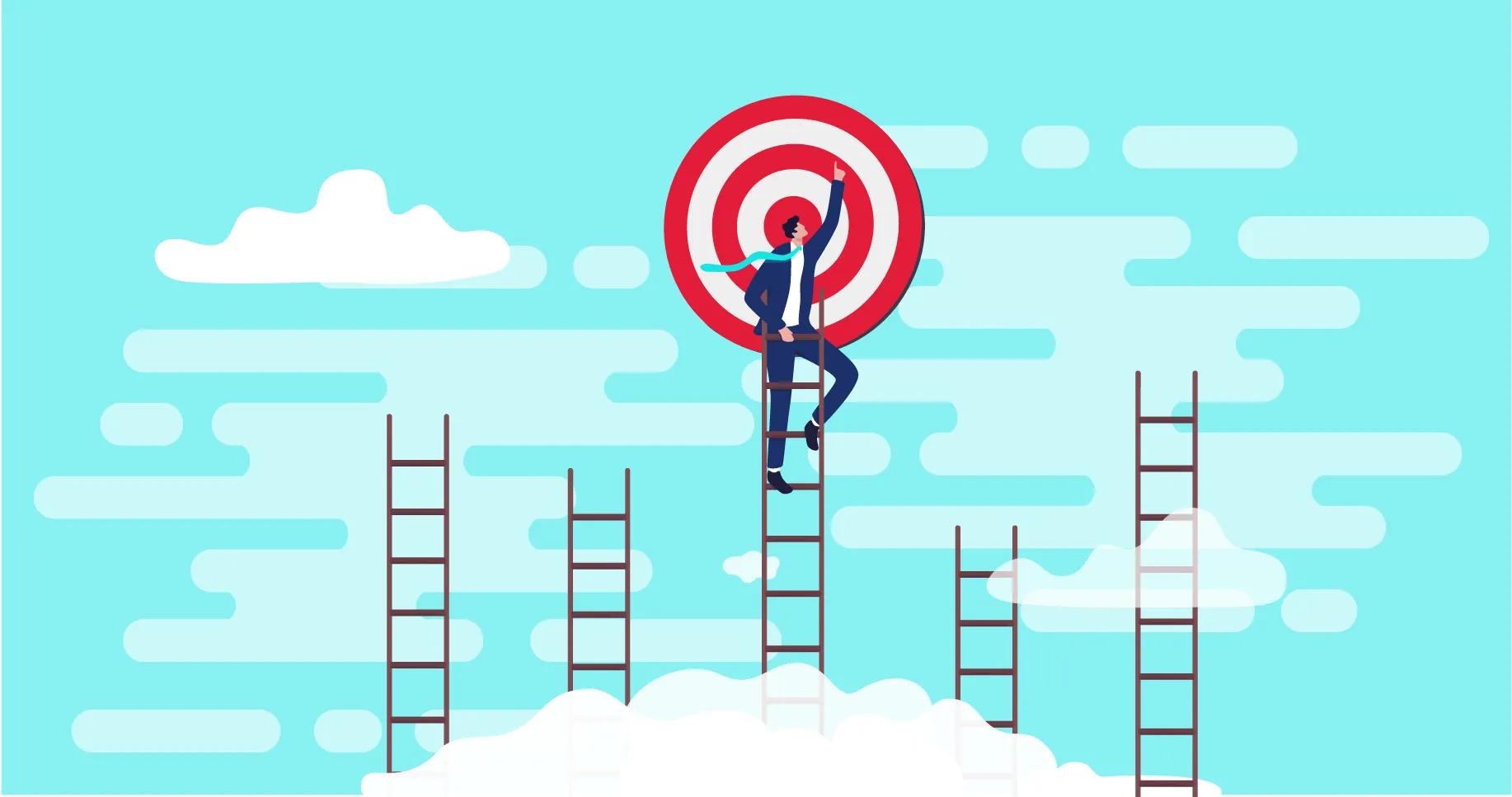 Illustration of business man climbing a ladder in the sky to reach a bullseye