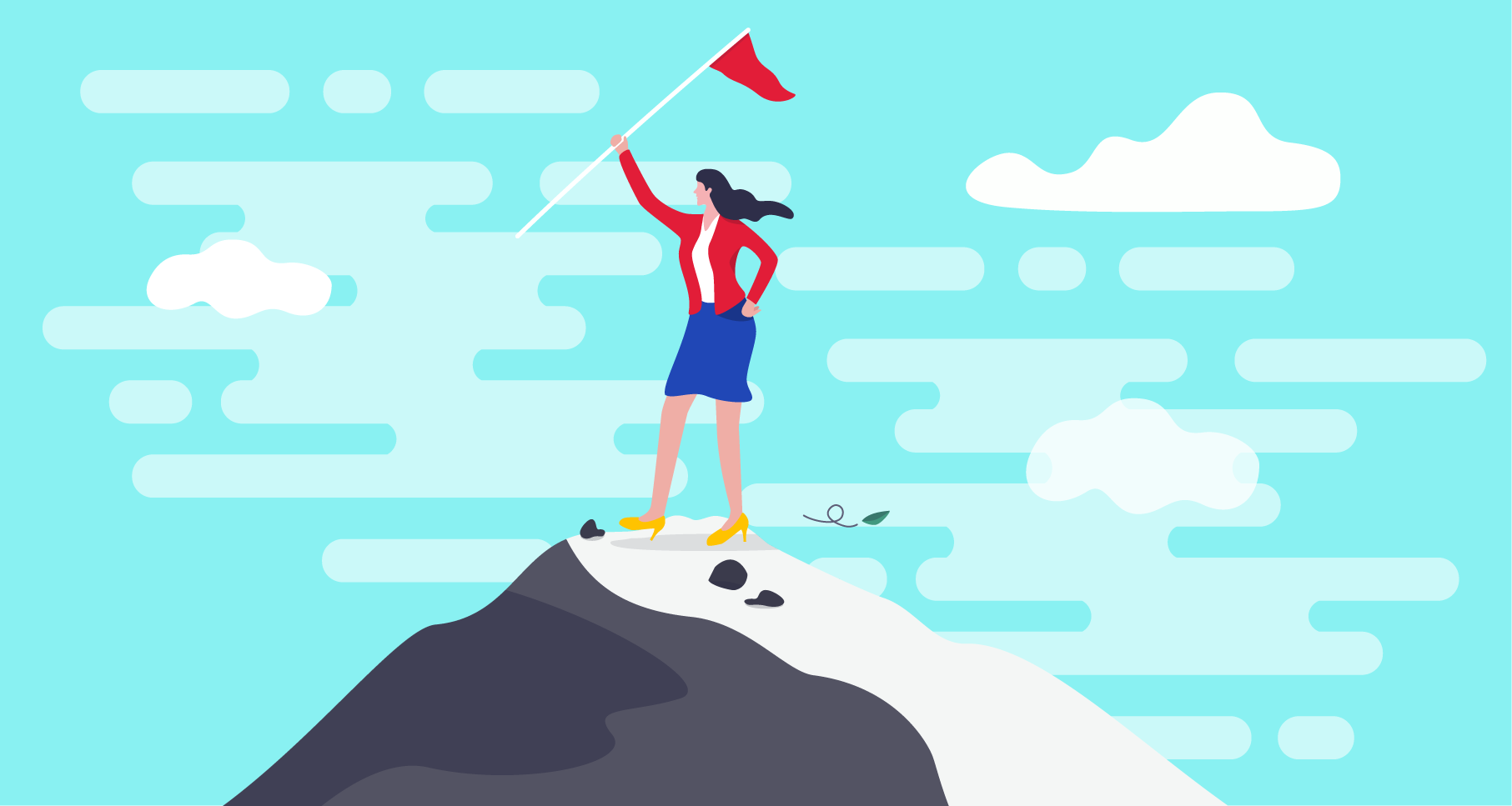 Businesswoman standing on top of mountain holding flag up
