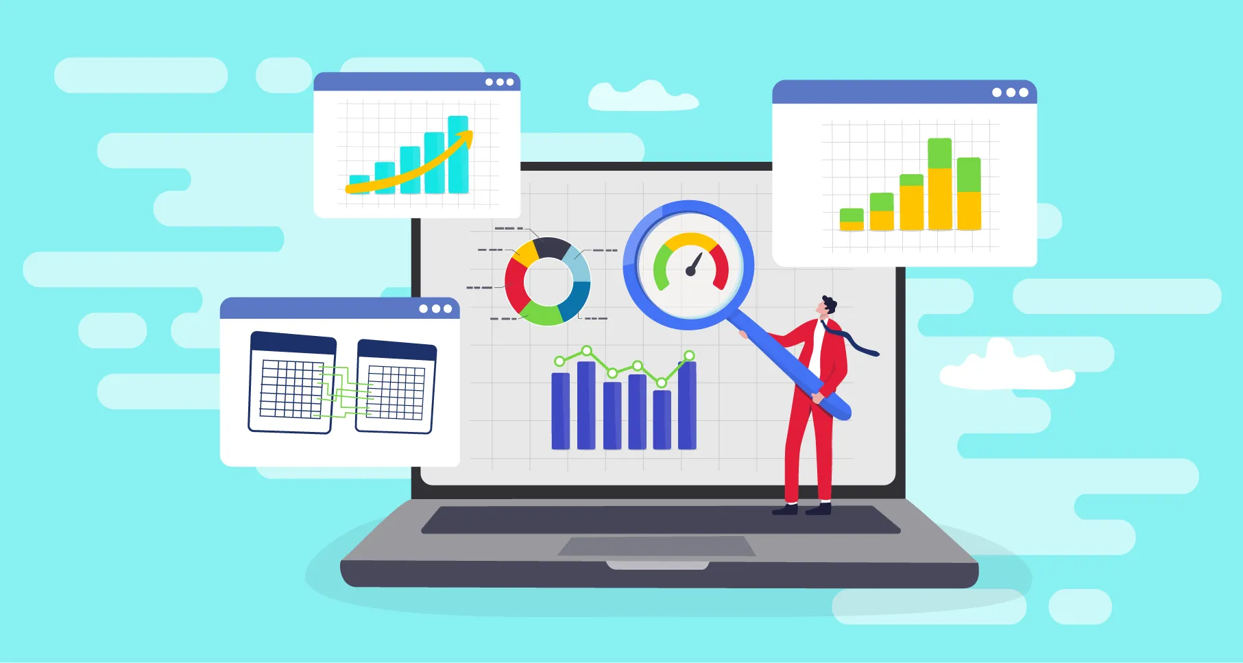 Illustration of laptop with business man holding magnify glass and charts