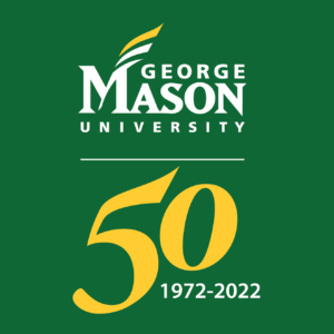 George Mason University logo above yellow and white text saying "50: 1972-2022"