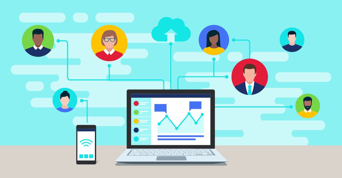 Illustration of computer and mobile phone with connections to business professionals