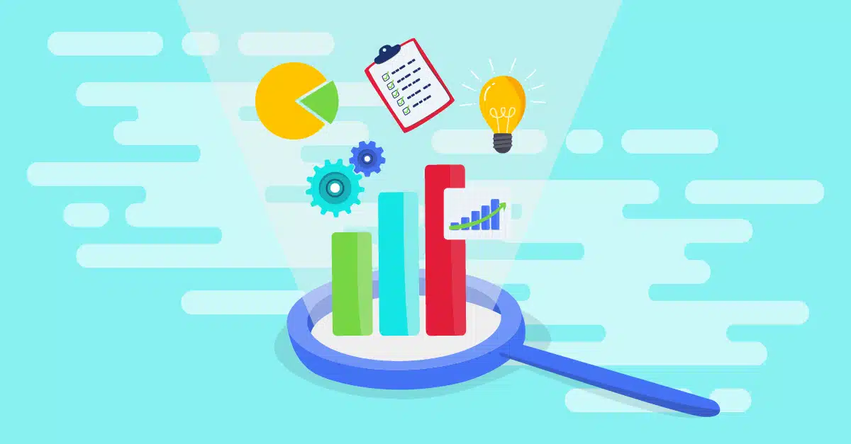 Illustration of magnifying glass with data icons