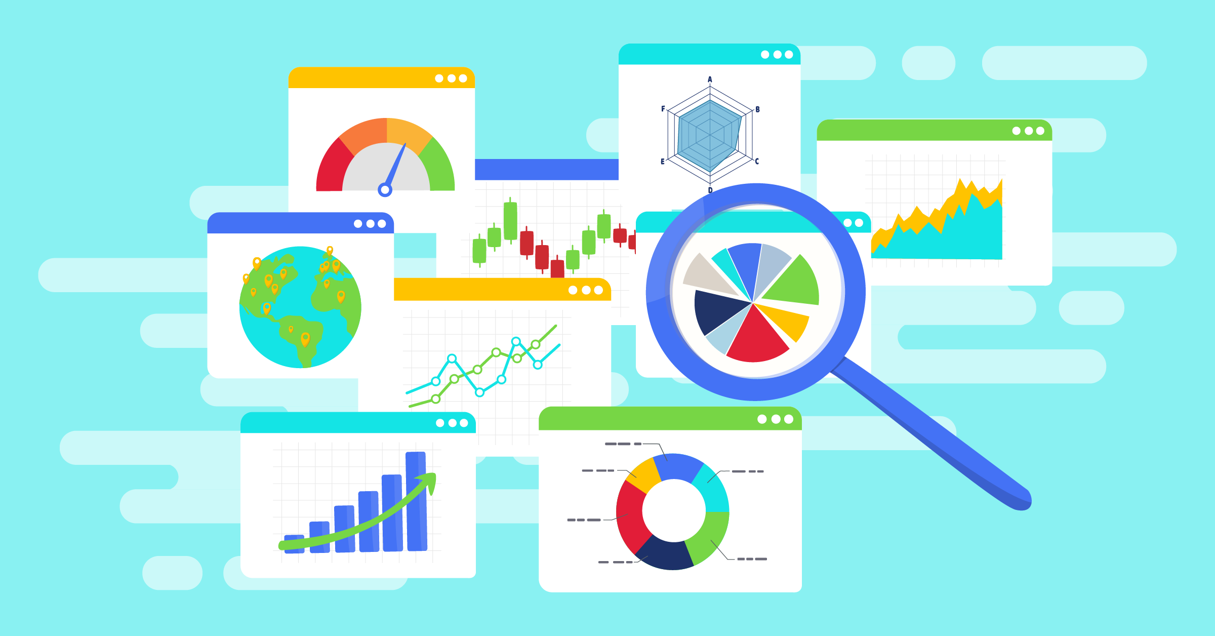 Illustration of a cluster of web browsers with data graphics